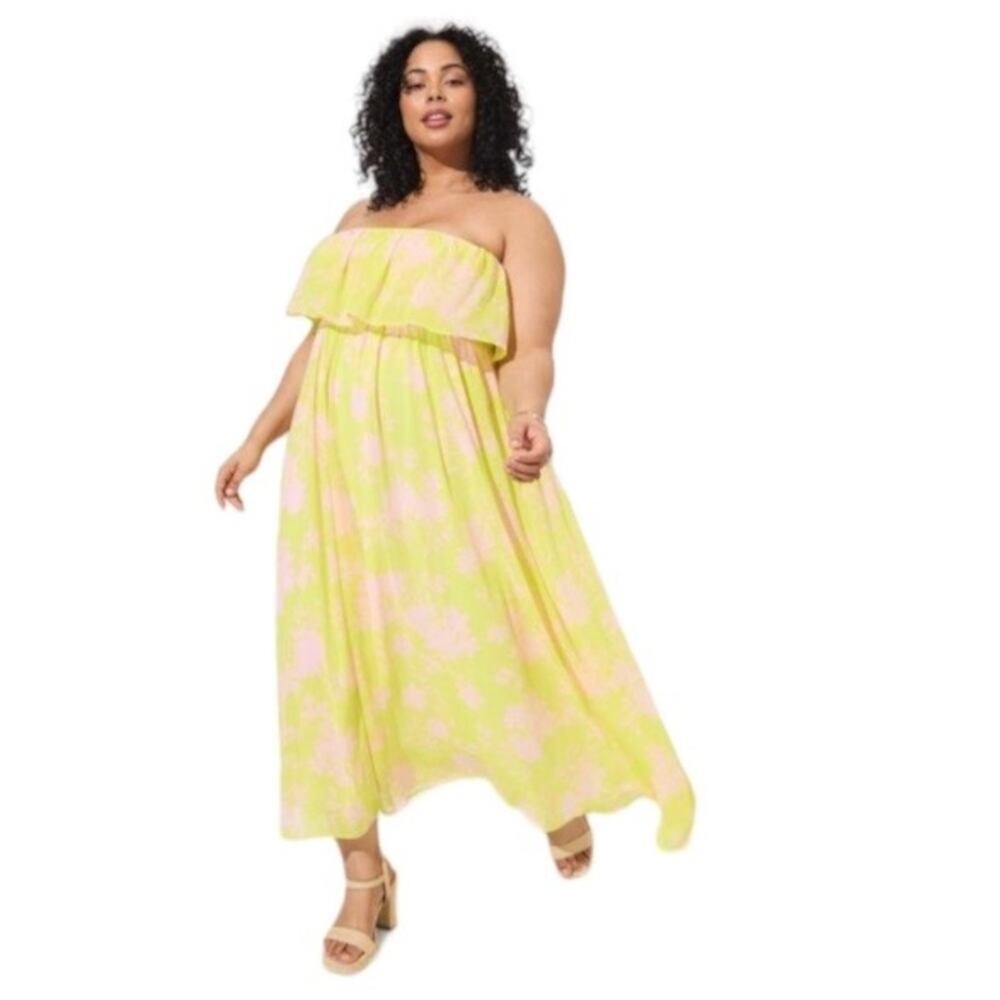 Torrid Silhouette Shadow Floral Maxi Chiffon Strapless Ruffle Dress